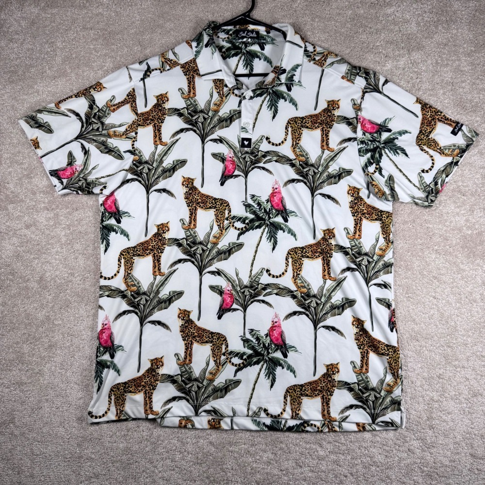 Bad Birdie Mens 2XL Golf Polo Shirt Leopard Palm Tree Cockatoo Tropical Print